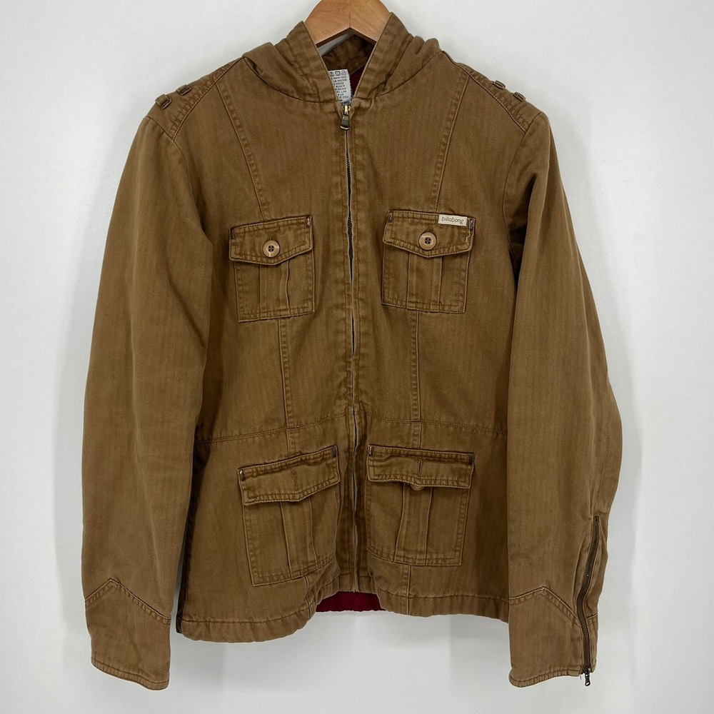 Billabong Girls Brown Herringbone Utility Hooded Jacket Size Large Vtg Y2K